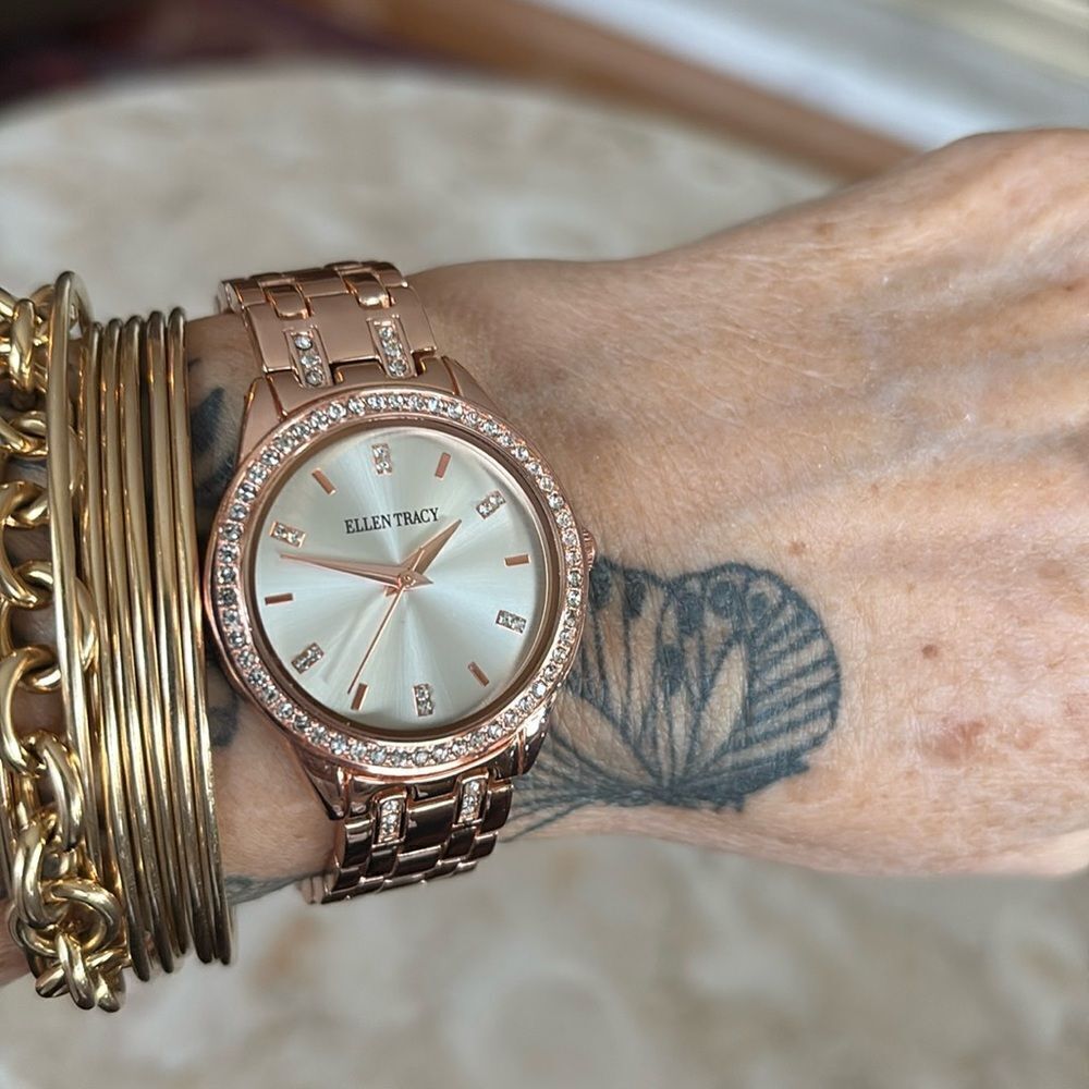 Ellen Tracy Rose Gold Tone Crystal Accent Link Bracelet Band Watch 7.5”